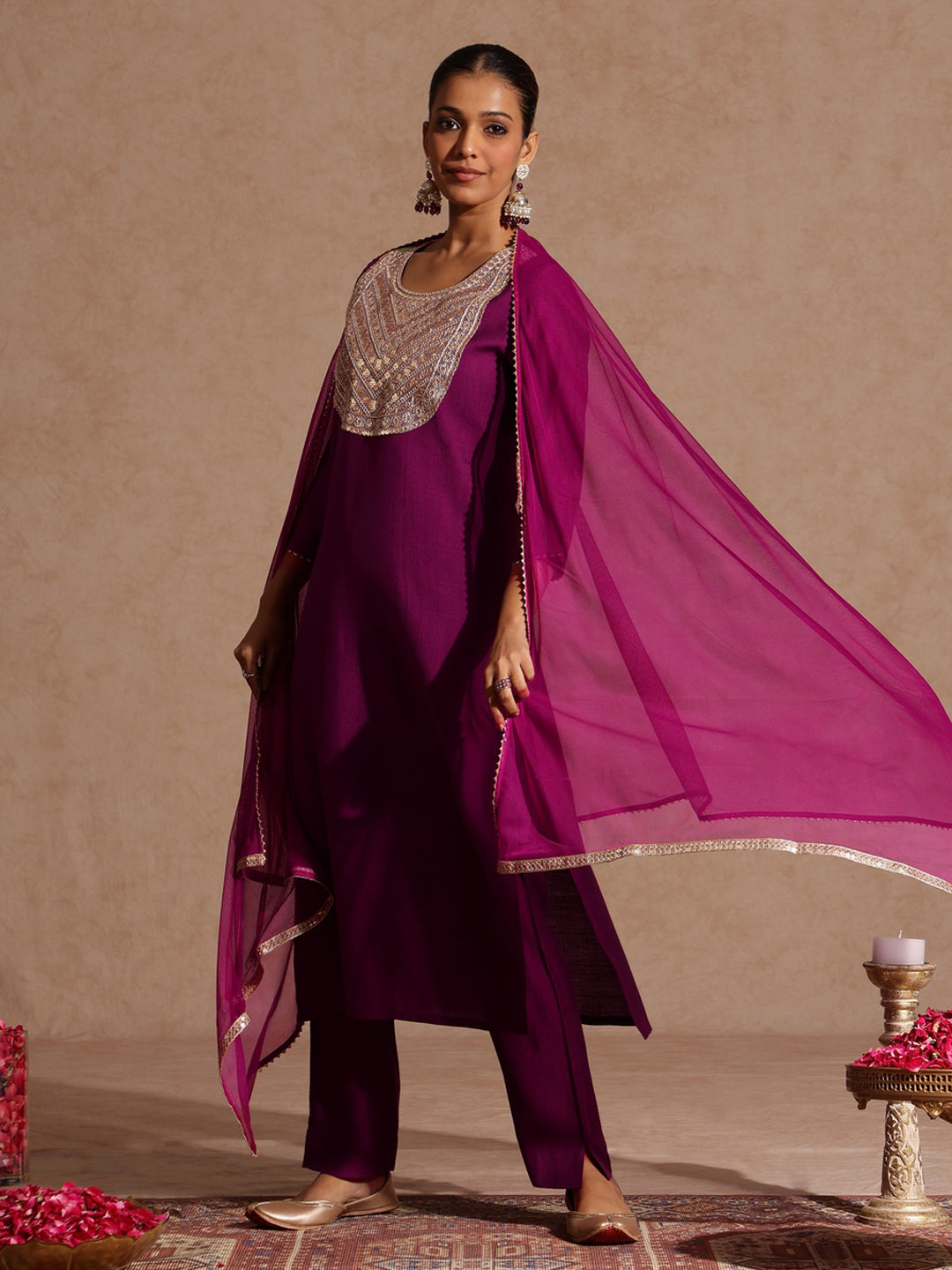 Purple Silk Blend Yoke Embroidery 3-Piece Kurta Set