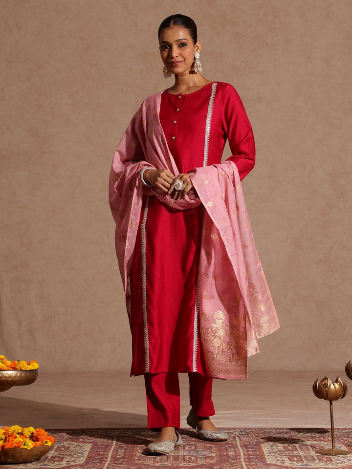Pink Silk Blend Embellished 3-Piece Kurta Set
