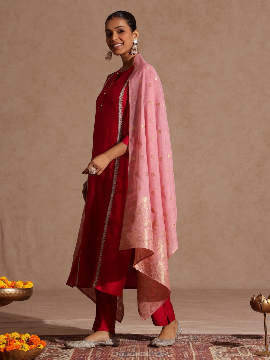 Pink Silk Blend Embellished 3-Piece Kurta Set