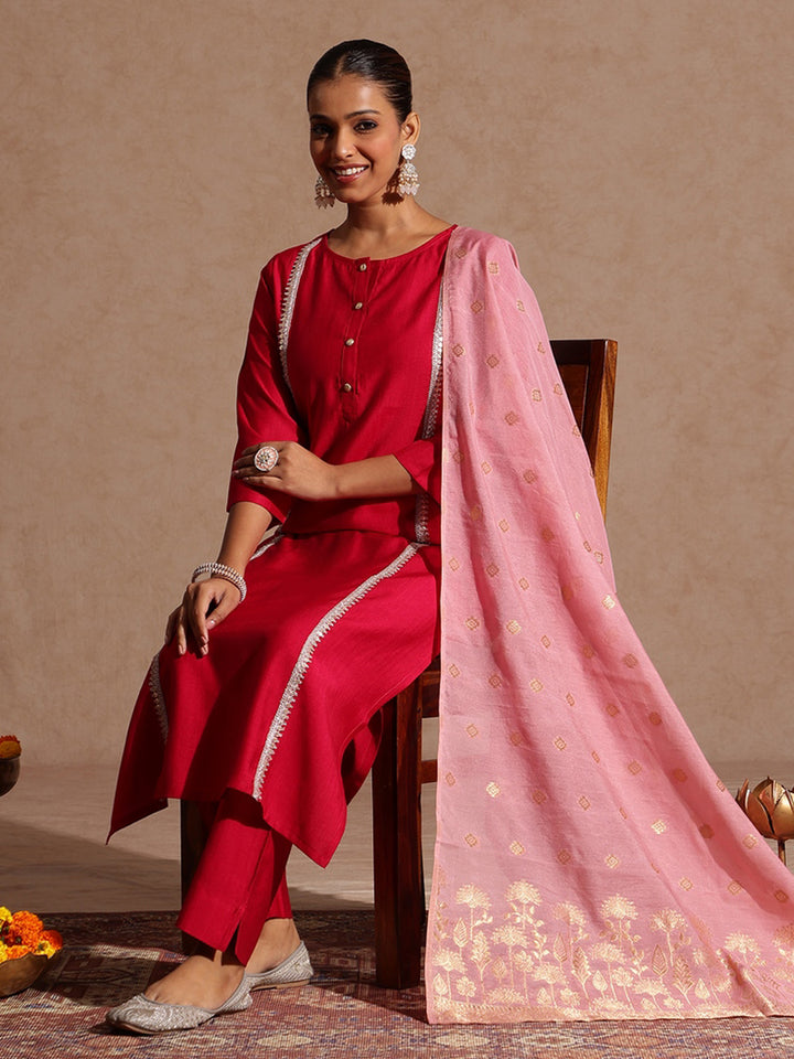 Pink Silk Blend Embellished 3-Piece Kurta Set