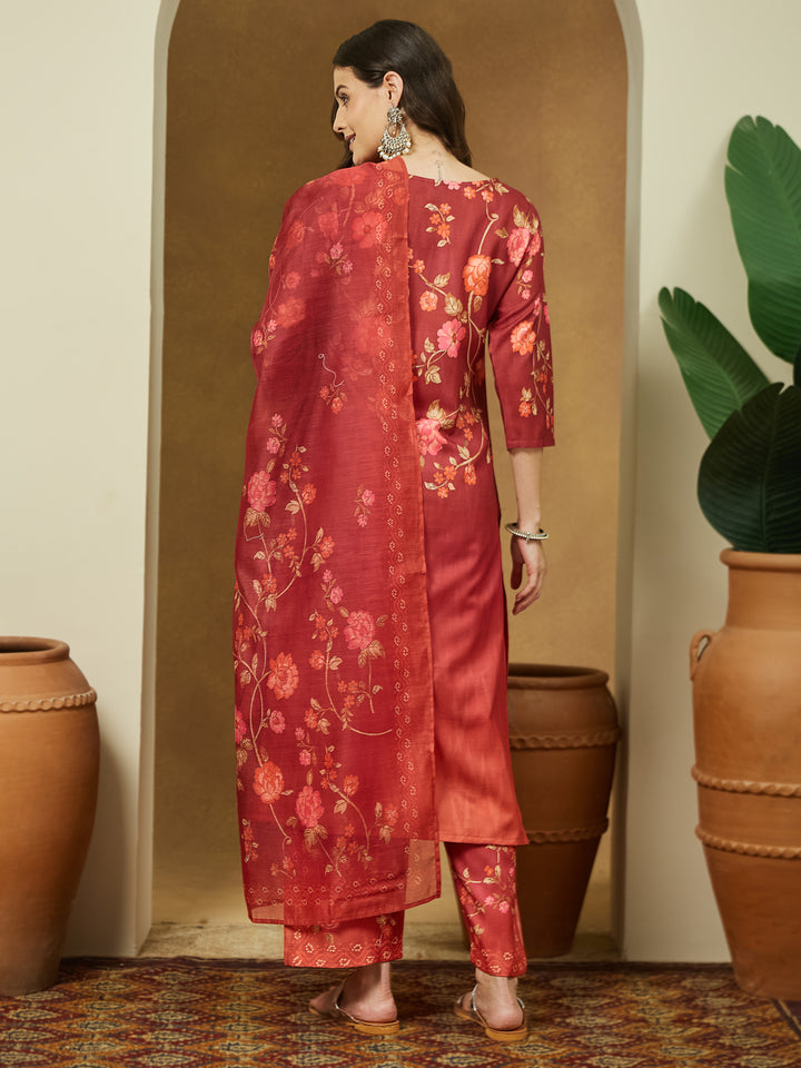 Rust-Cotton-Blend-Straight-Floral-Printed-3-Piece-Kurta-Set
