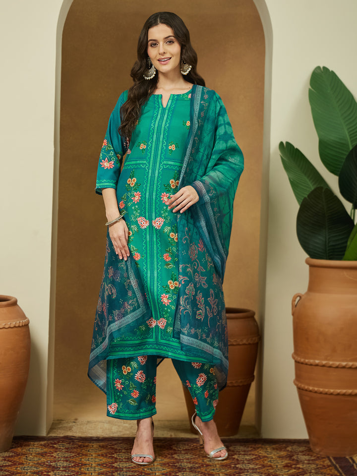 Teal-Blue-Cotton-Blend-Straight-3-Piece-Anarkali-Set