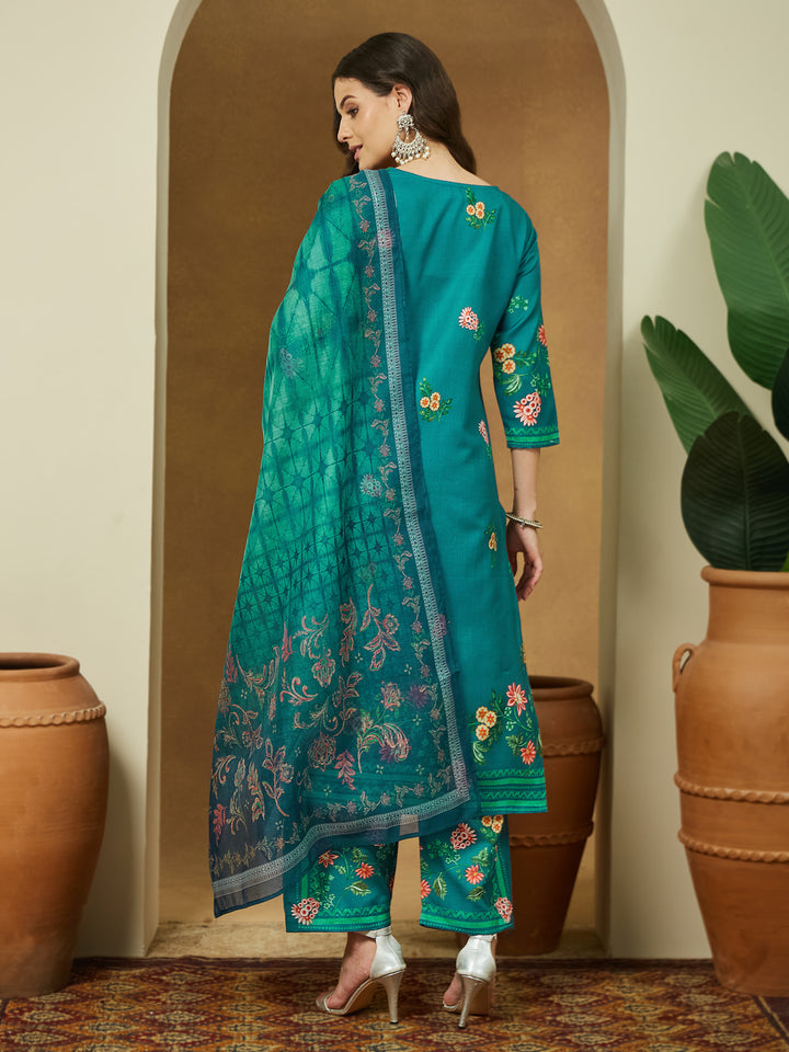 Teal-Blue-Cotton-Blend-Straight-3-Piece-Anarkali-Set