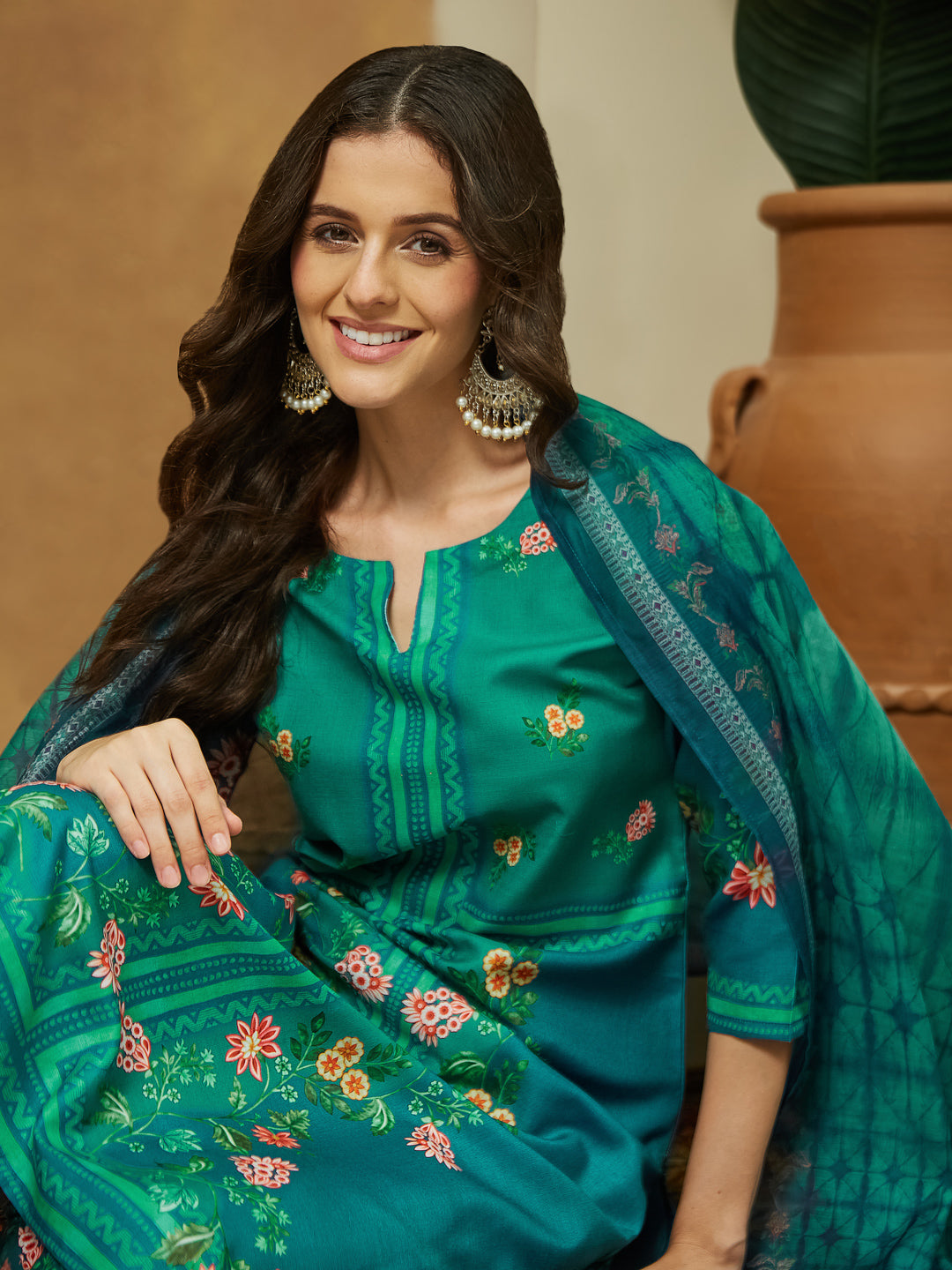 Teal-Blue-Cotton-Blend-Straight-3-Piece-Anarkali-Set