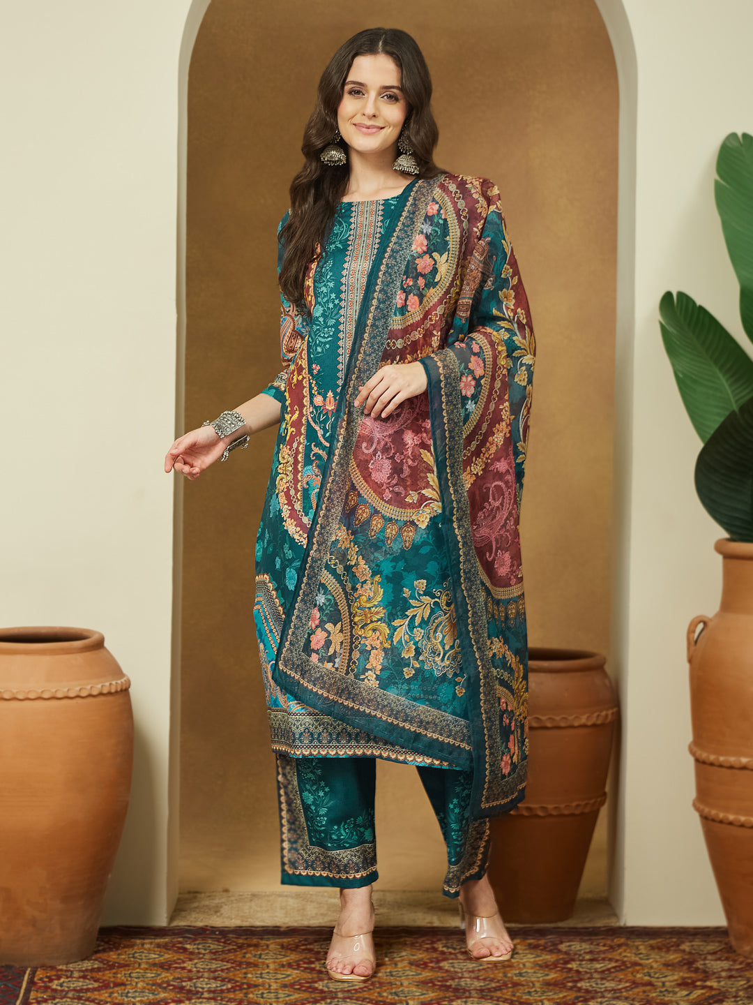 Teal-Cotton-Blend-Straight-Ethnic-Motifs-3-Piece-Anarkali-Set