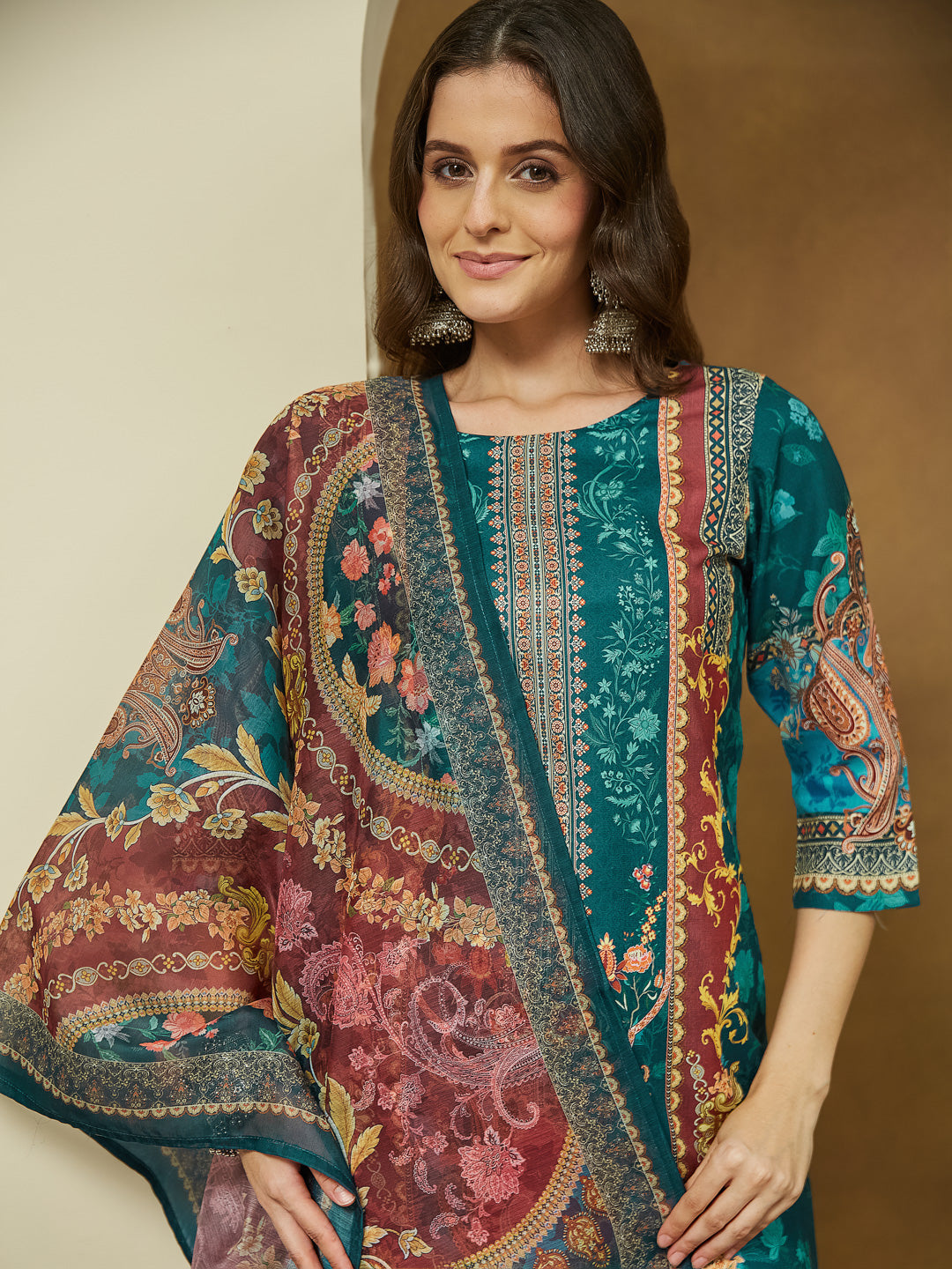 Teal-Cotton-Blend-Straight-Ethnic-Motifs-3-Piece-Anarkali-Set