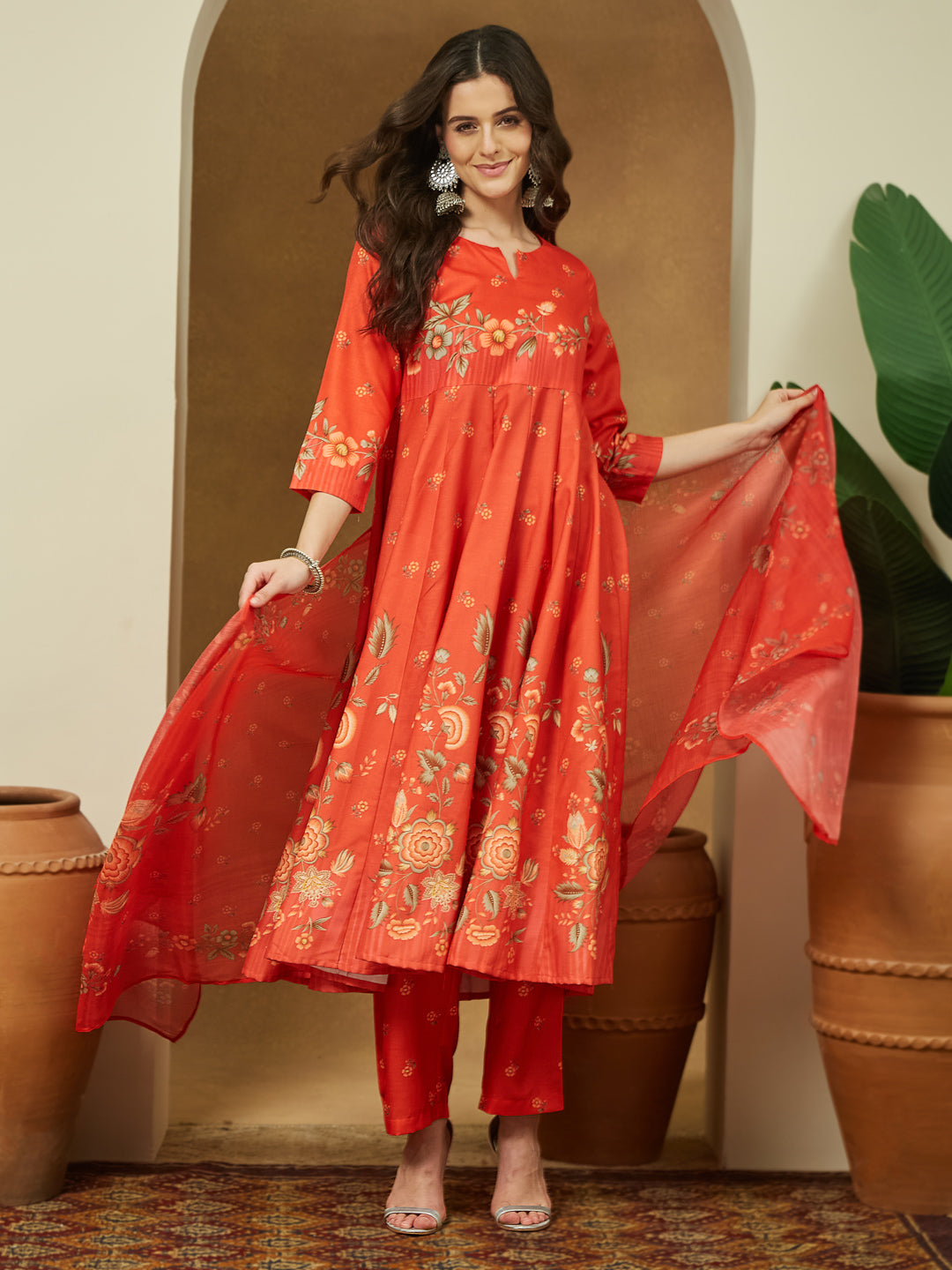 Orange-Cotton-Blend-Floral-Printed-3-Piece-Anarkali-Set