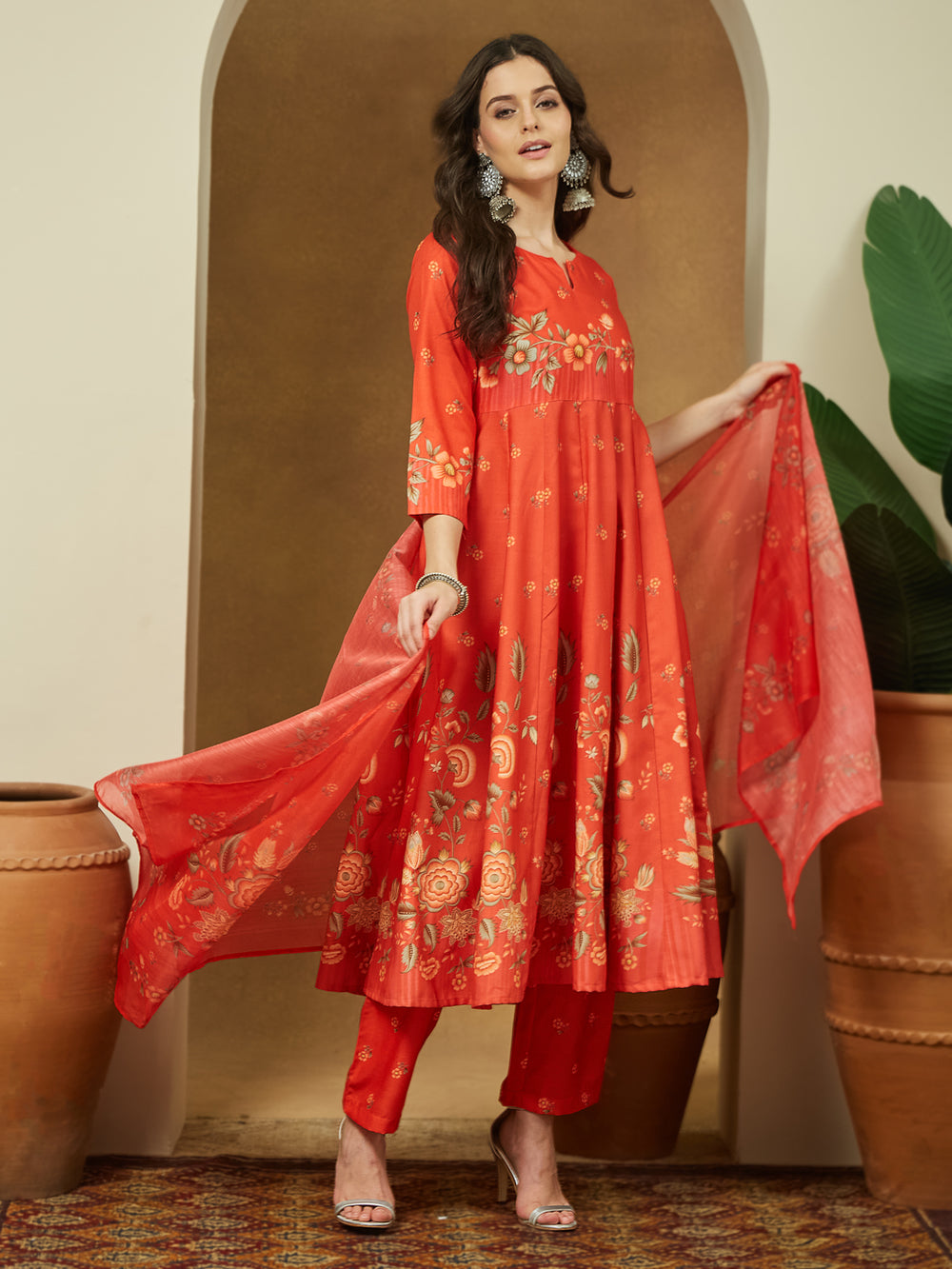 Orange-Cotton-Blend-Floral-Printed-3-Piece-Anarkali-Set