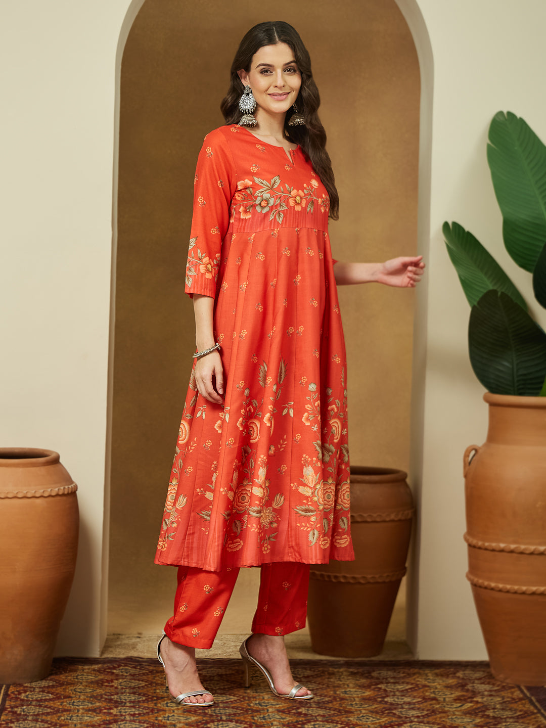 Orange-Cotton-Blend-Floral-Printed-3-Piece-Anarkali-Set