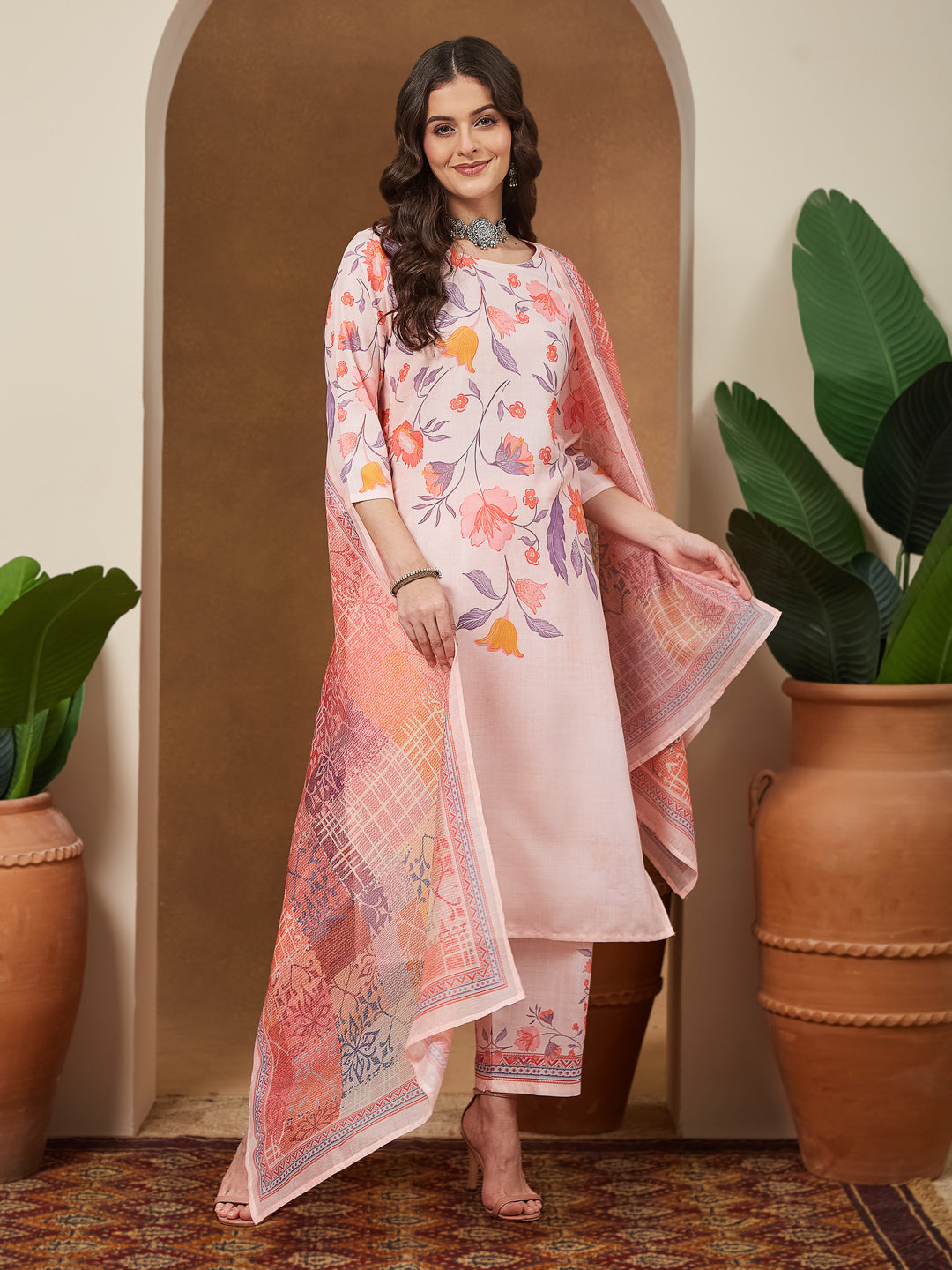 Peach-Cotton-Blend-Straight-Floral-Printed-3-Piece-Anarkali-Set