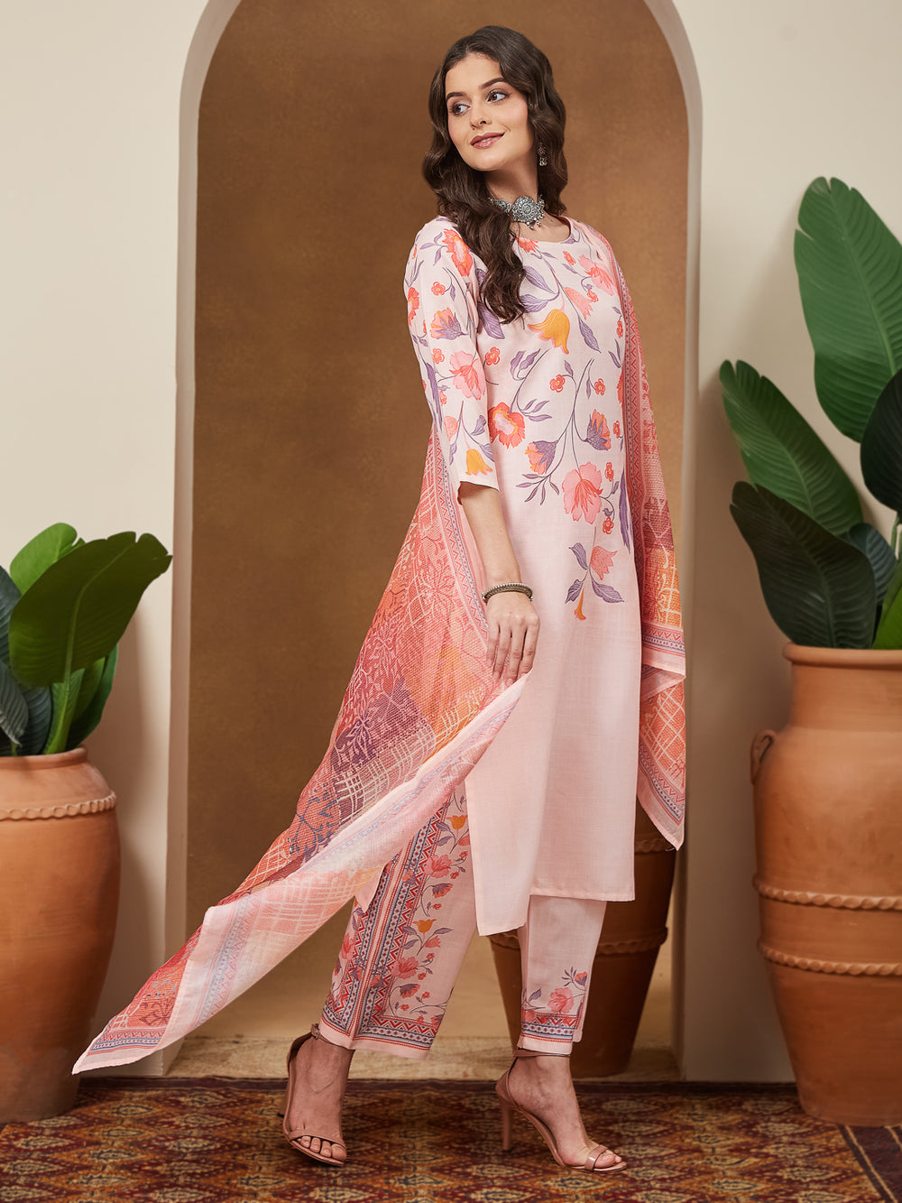 Peach-Cotton-Blend-Straight-Floral-Printed-3-Piece-Anarkali-Set