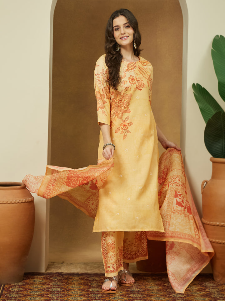 Yellow-Cotton-Blend-Floral-Printed-3-Piece-Anarkali-Set