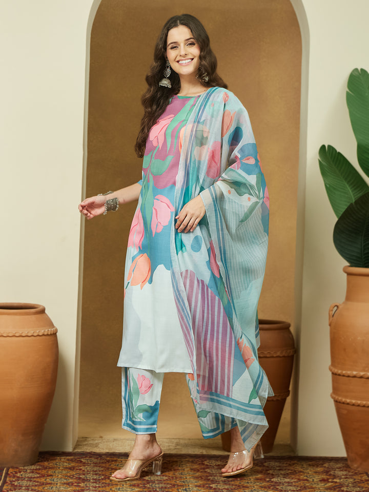 Multi Abstract Straight Kurta,Bottom &amp; Dupatta