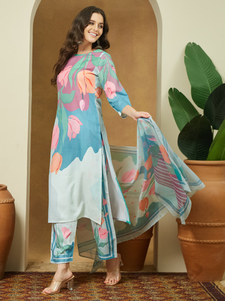 Multi Abstract Straight Kurta,Bottom &amp; Dupatta