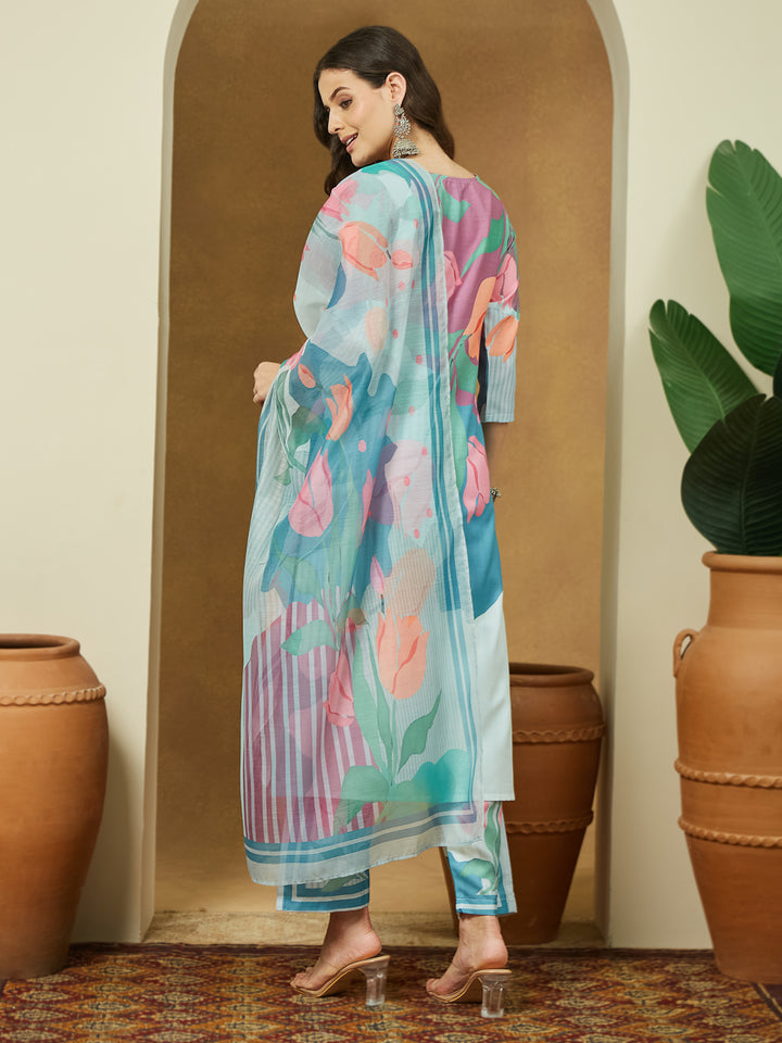 Multi Abstract Straight Kurta,Bottom &amp; Dupatta