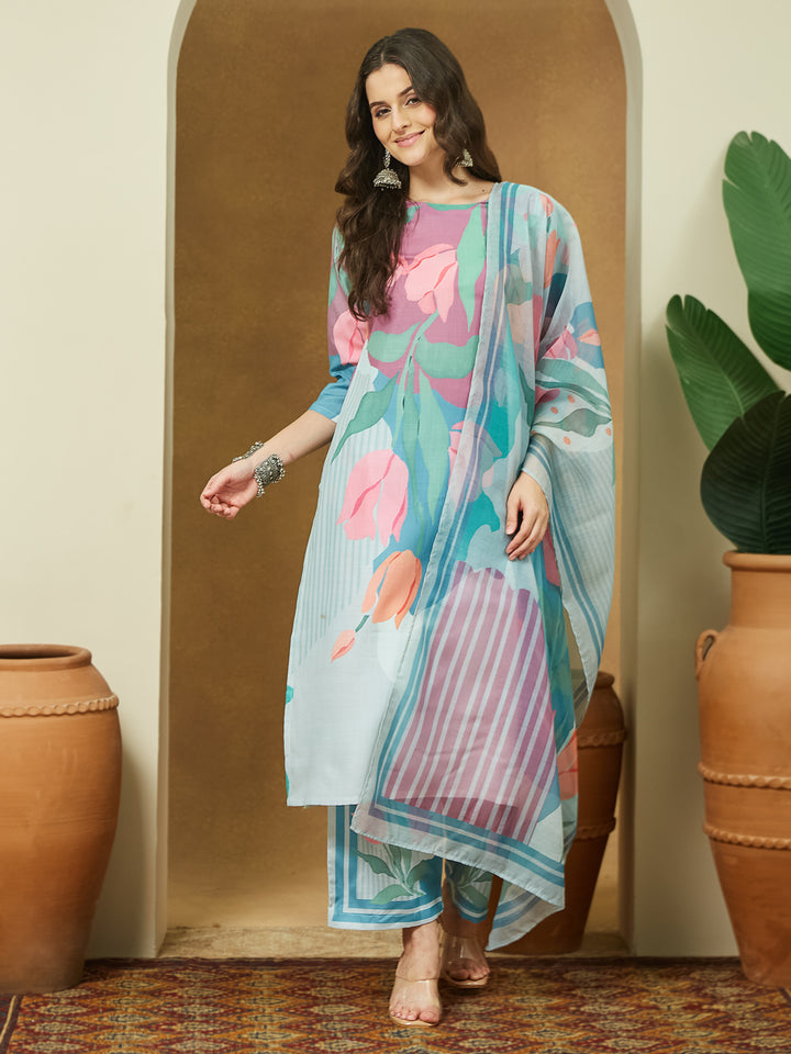 Multi Abstract Straight Kurta,Bottom &amp; Dupatta