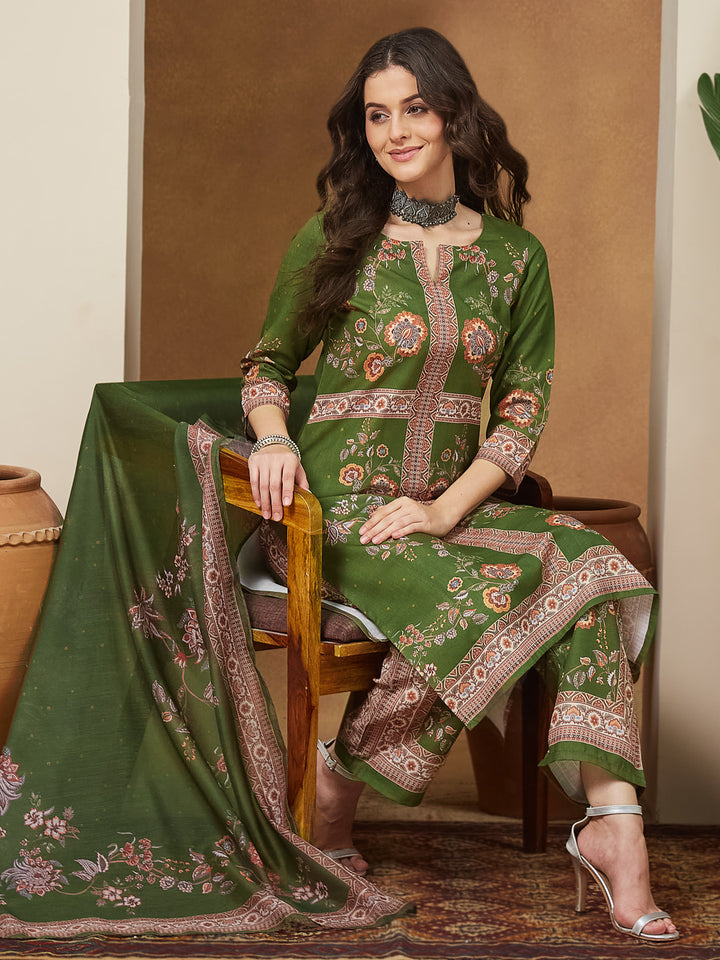 Olive-Green-Cotton-Blend-Floral-Printed-3-Piece-Anarkali-Set