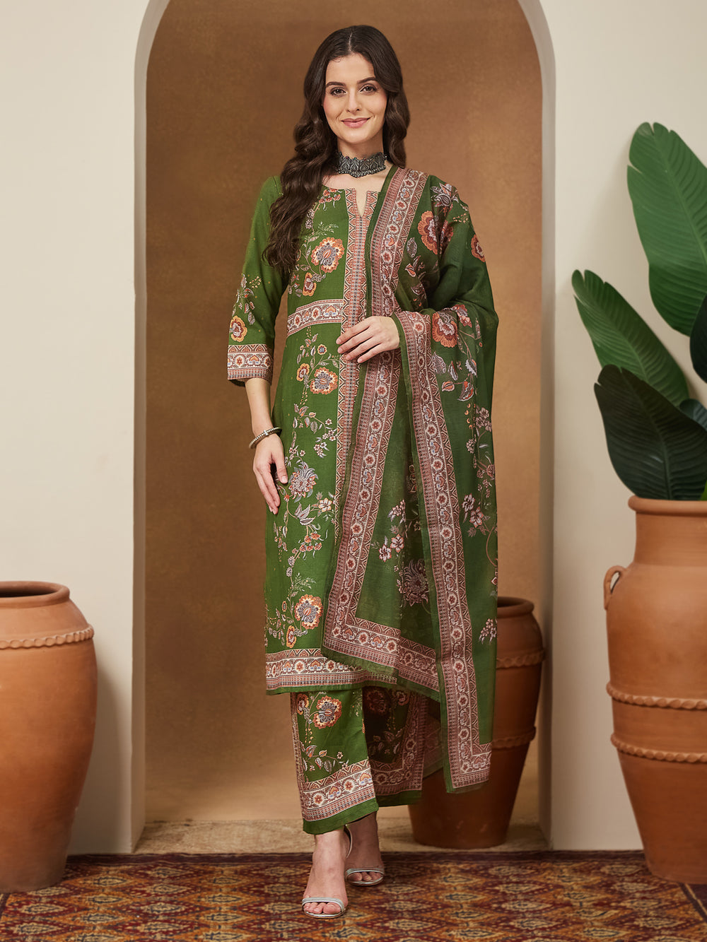 Olive-Green-Cotton-Blend-Floral-Printed-3-Piece-Anarkali-Set