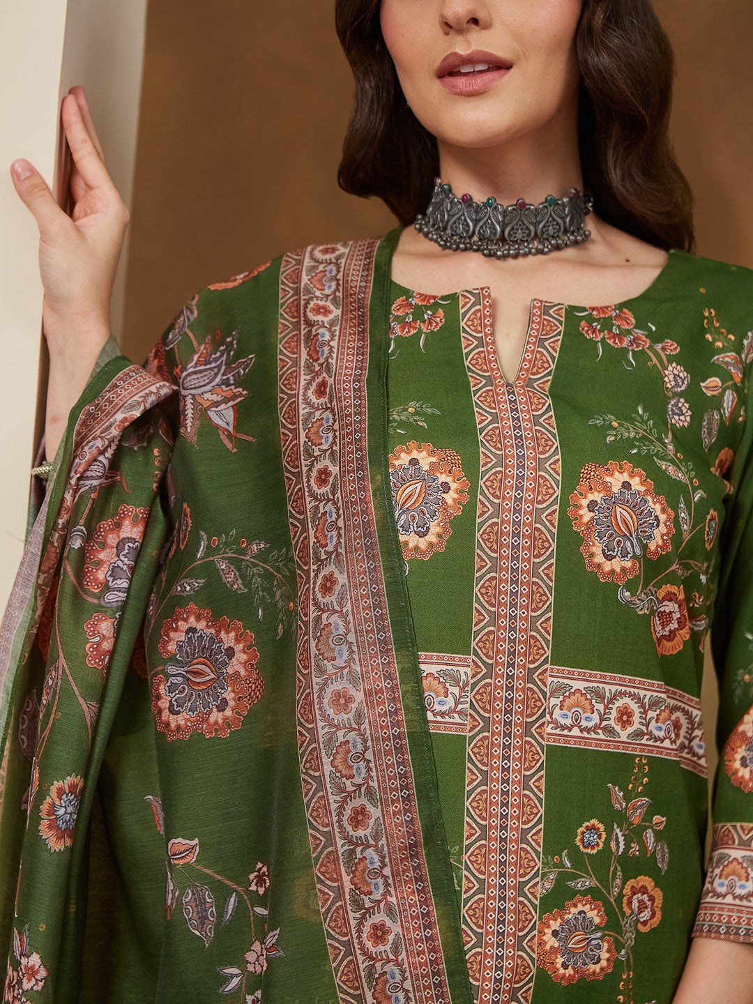 Olive-Green-Cotton-Blend-Floral-Printed-3-Piece-Anarkali-Set