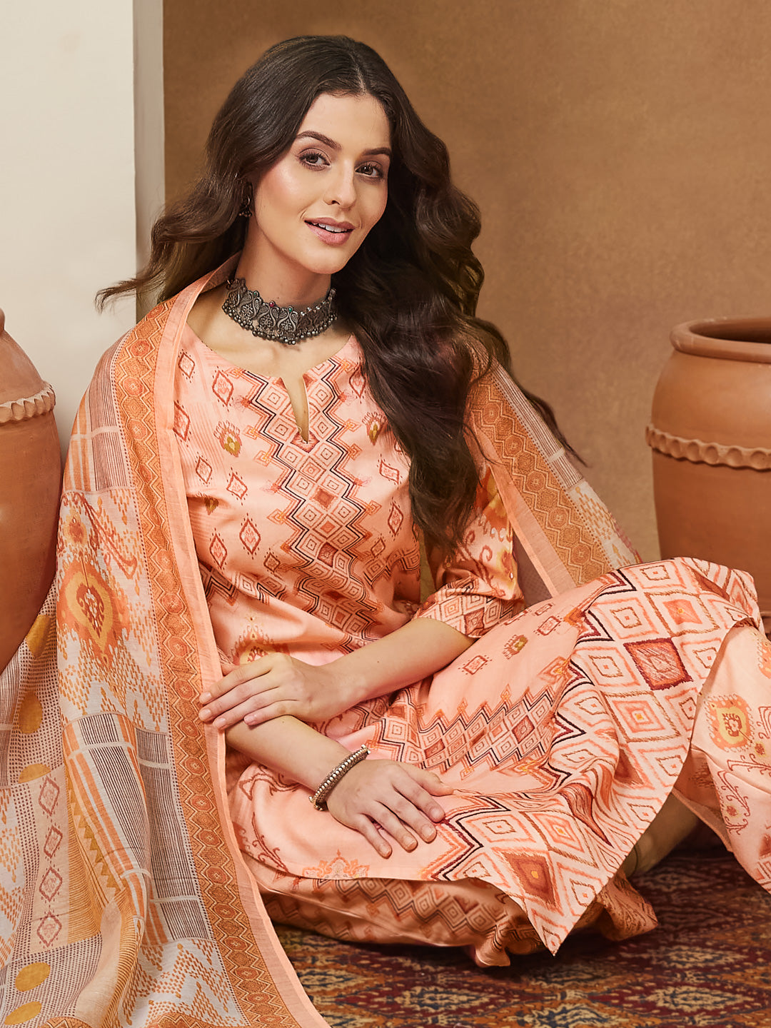 Peach-Cotton-Blend-Straight-Geometric-3-Piece-Anarkali-Set