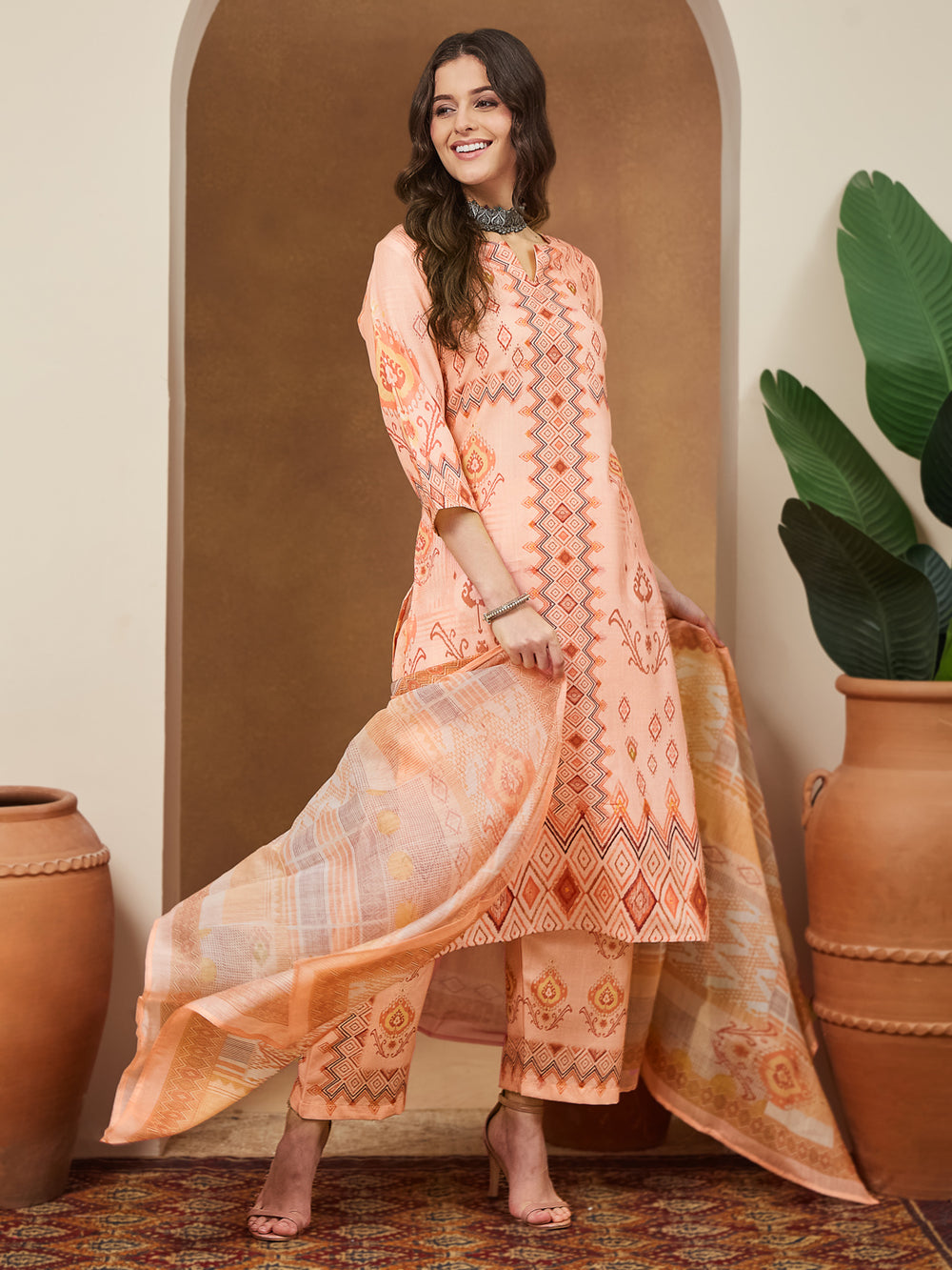 Peach-Cotton-Blend-Straight-Geometric-3-Piece-Anarkali-Set