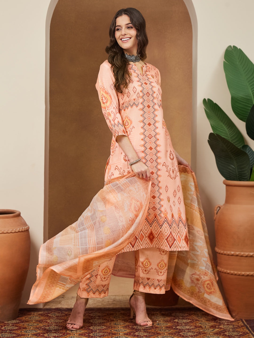 Peach-Cotton-Blend-Straight-Geometric-3-Piece-Anarkali-Set