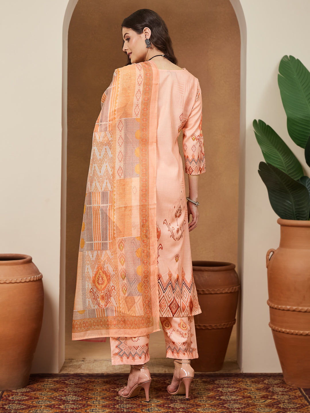 Peach-Cotton-Blend-Straight-Geometric-3-Piece-Anarkali-Set