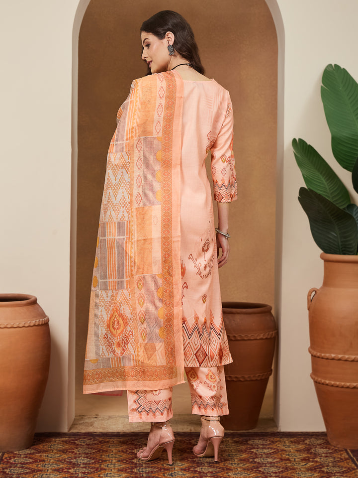 Peach-Cotton-Blend-Straight-Geometric-3-Piece-Anarkali-Set