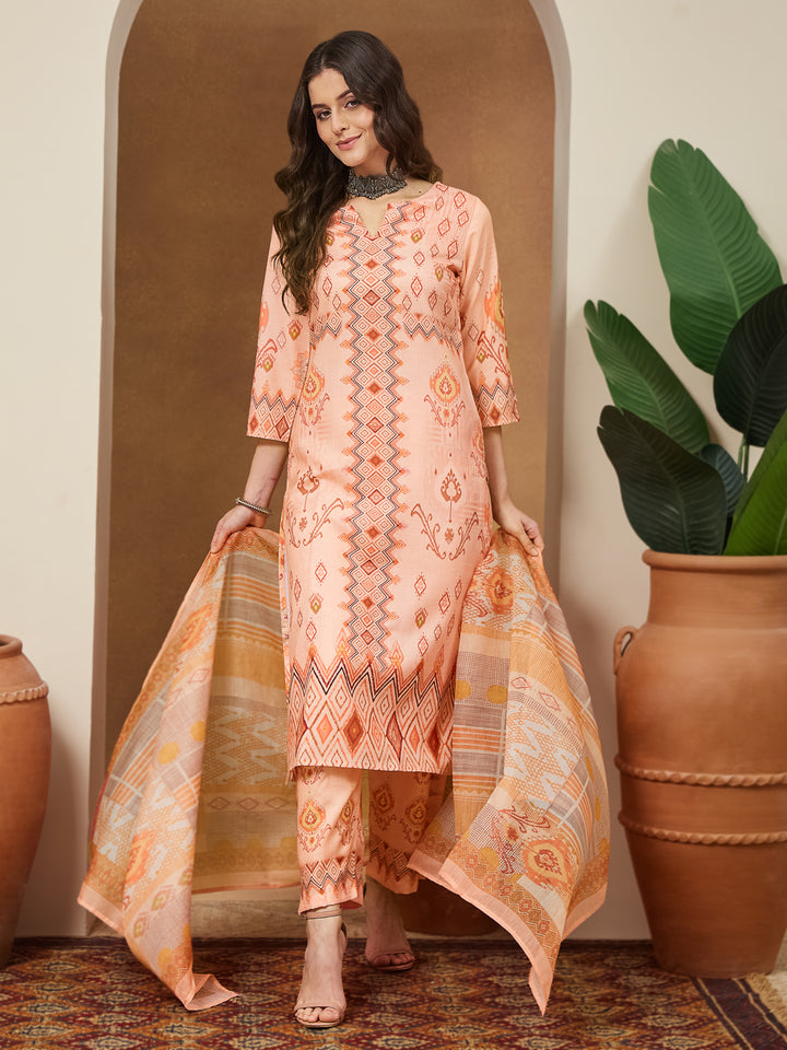 Peach-Cotton-Blend-Straight-Geometric-3-Piece-Anarkali-Set