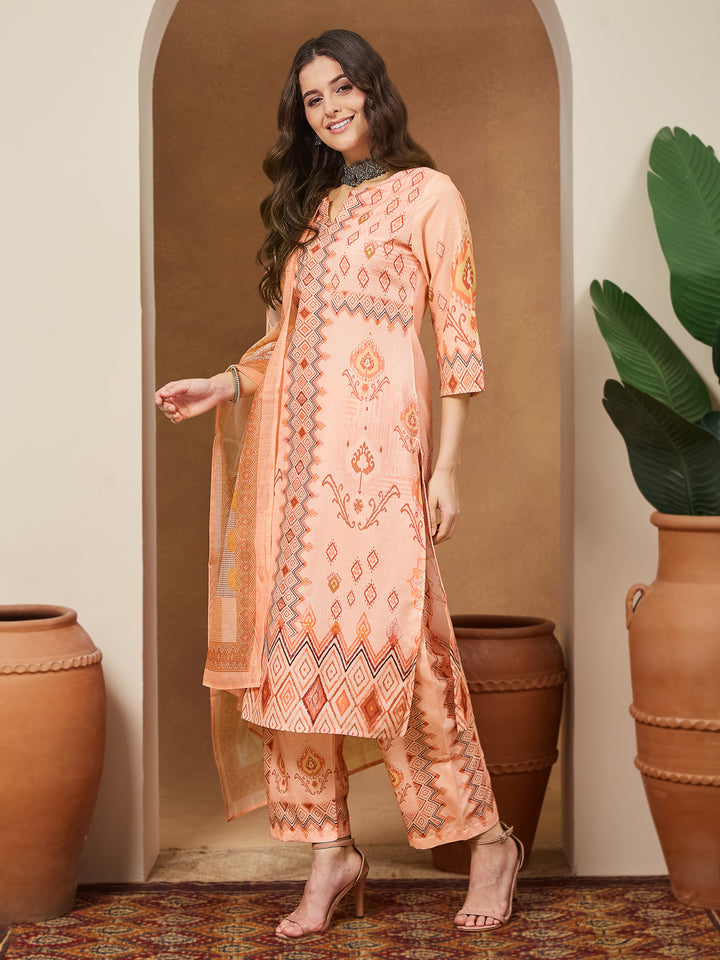 Peach-Cotton-Blend-Straight-Geometric-3-Piece-Anarkali-Set