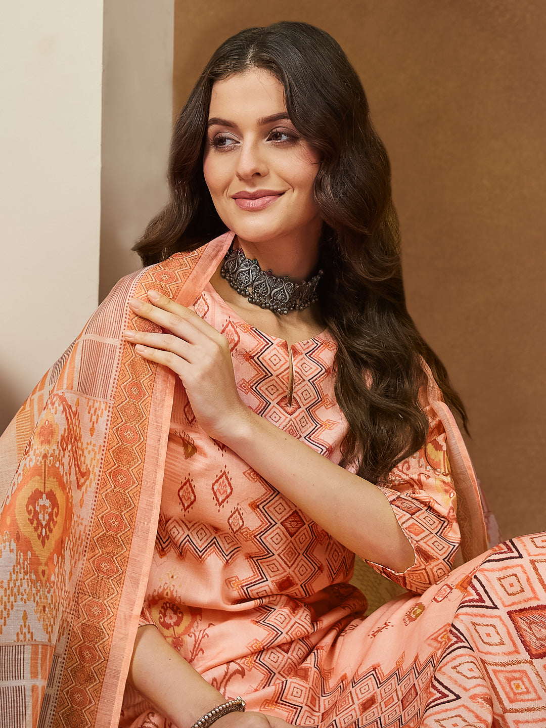 Peach-Cotton-Blend-Straight-Geometric-3-Piece-Anarkali-Set