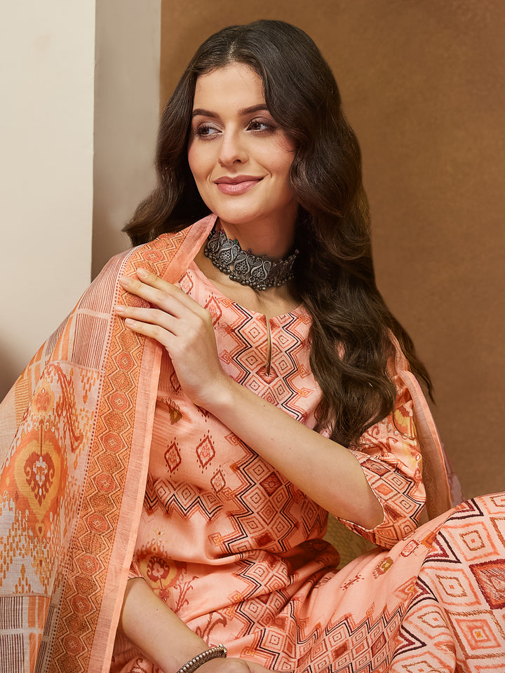 Peach-Cotton-Blend-Straight-Geometric-3-Piece-Anarkali-Set