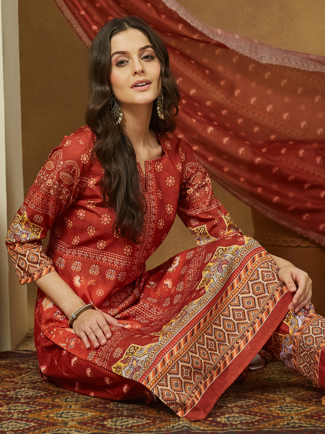 Rust-Cotton-Blend-Floral-Printed-3-Piece-Anarkali-Set