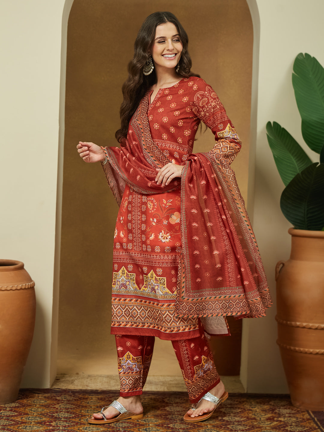 Rust-Cotton-Blend-Floral-Printed-3-Piece-Anarkali-Set