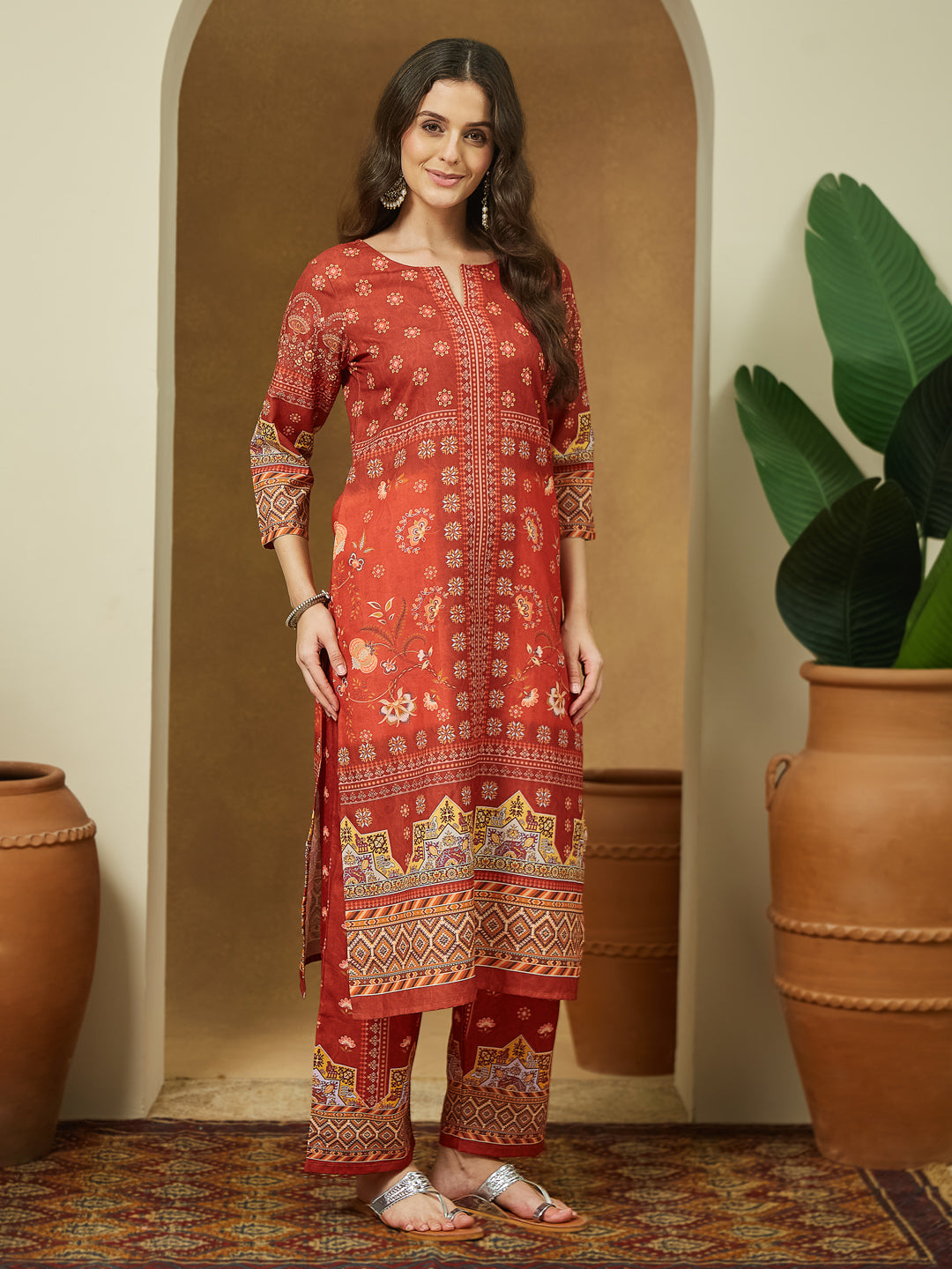 Rust-Cotton-Blend-Floral-Printed-3-Piece-Anarkali-Set