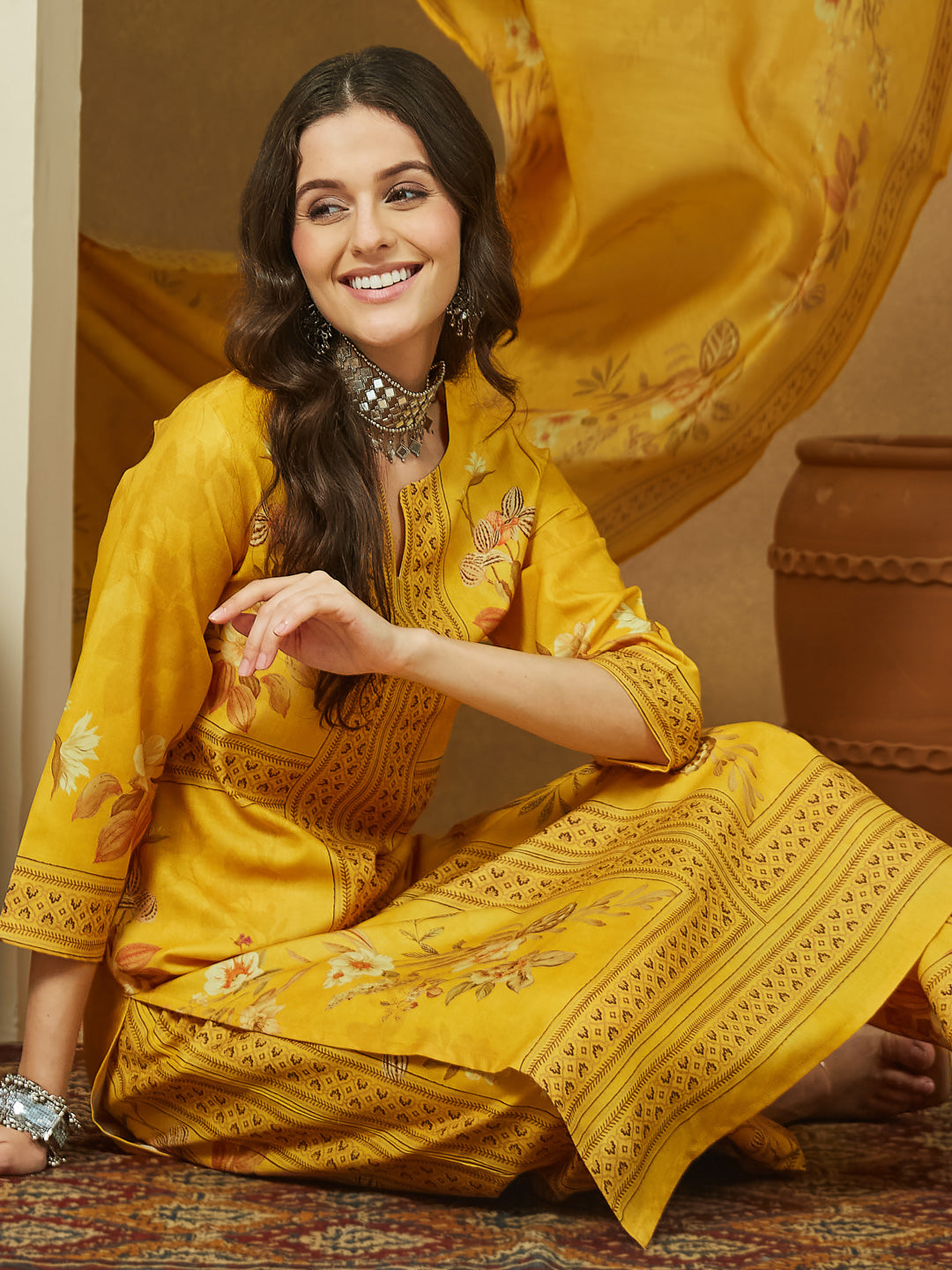 Yellow-Cotton-Blend-Straight-Floral-Printed-3-Piece-Anarkali-Set