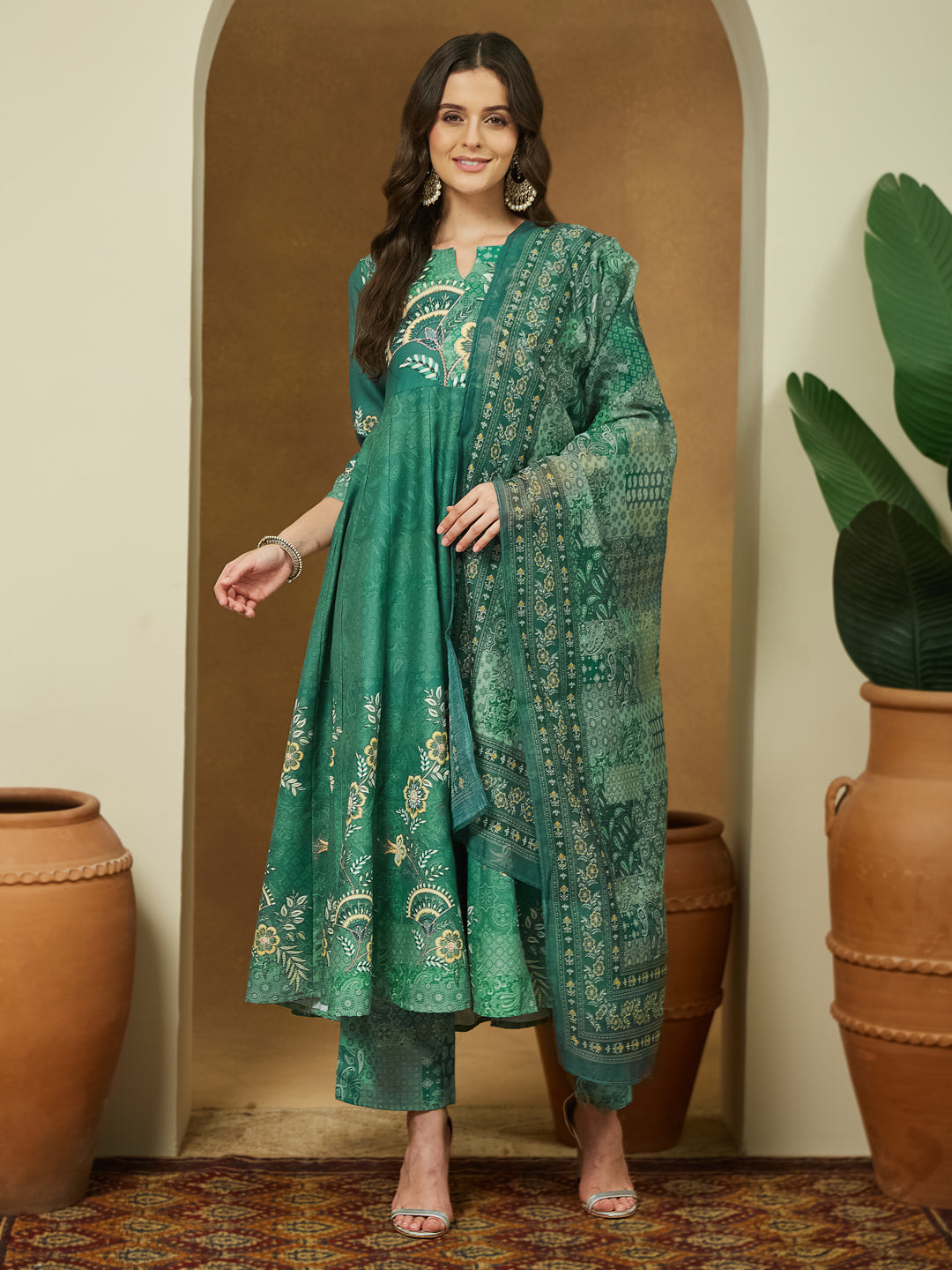 Green-Cotton-Blend-Floral-Printed-3-Piece-Anarkali-Set