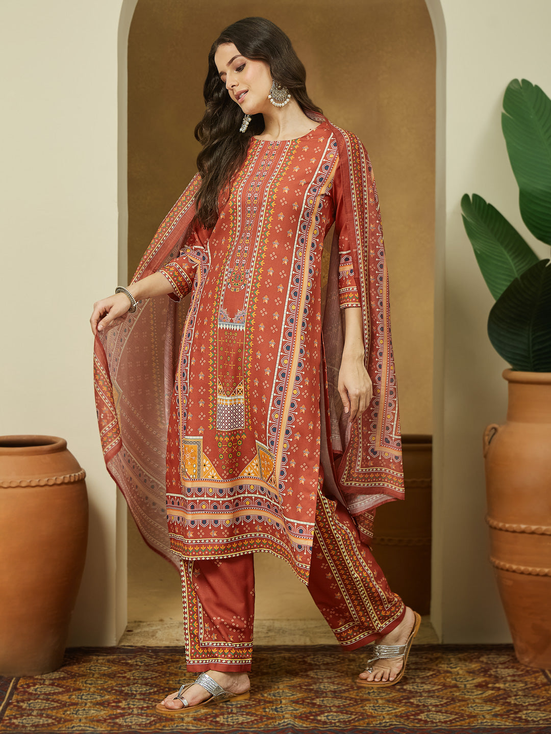 Rust-Cotton-Blend-Straight-Floral-Printed-3-Piece-Anarkali-Set