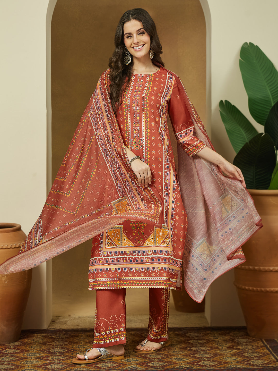 Rust-Cotton-Blend-Straight-Floral-Printed-3-Piece-Anarkali-Set