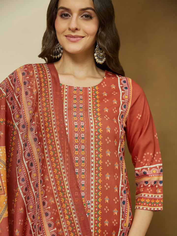 Rust-Cotton-Blend-Straight-Floral-Printed-3-Piece-Anarkali-Set