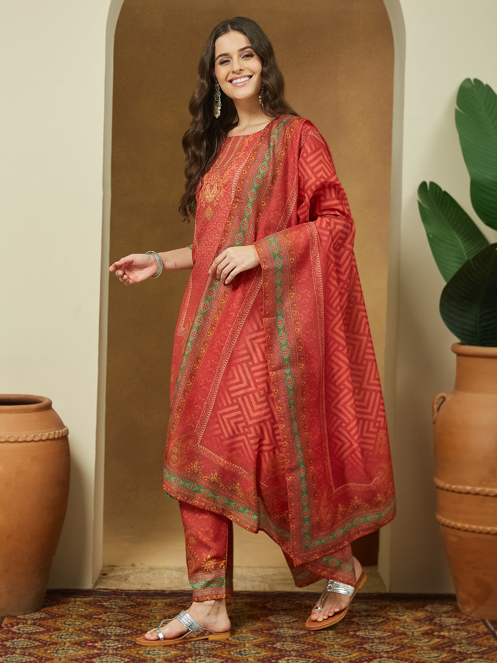 Rust-Cotton-Blend-Ethnic-Motifs-3-Piece-Kurta-Set