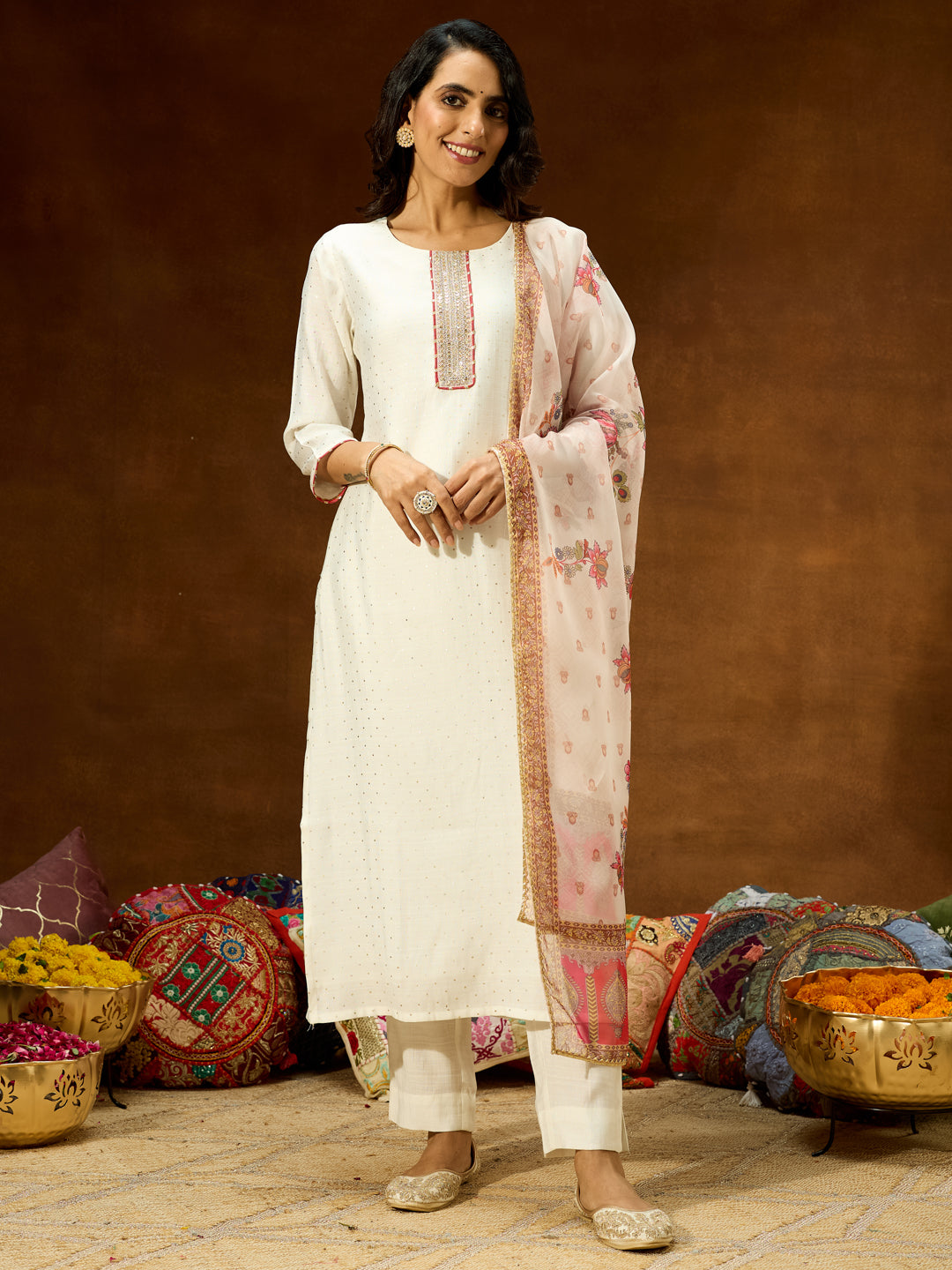 Off White Silk Blend Embellished 3-Piece Kurta Set