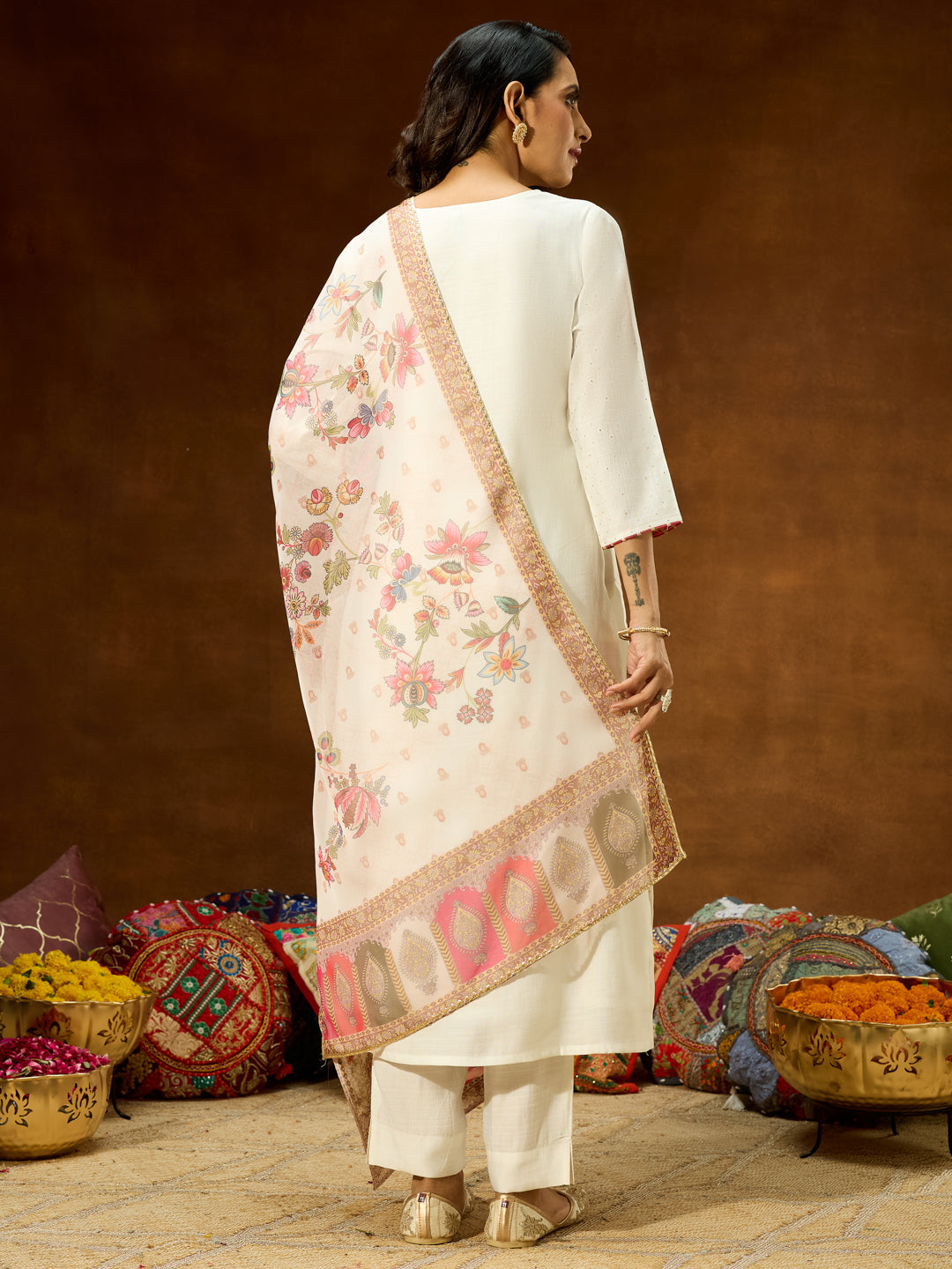 Off White Silk Blend Embellished 3-Piece Kurta Set