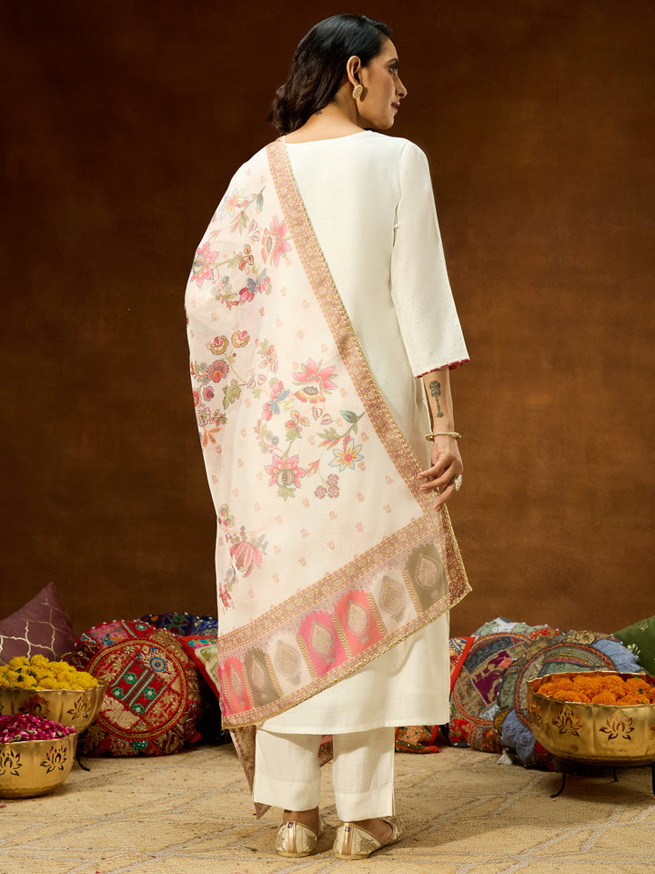 Off White Silk Blend Embellished 3-Piece Kurta Set