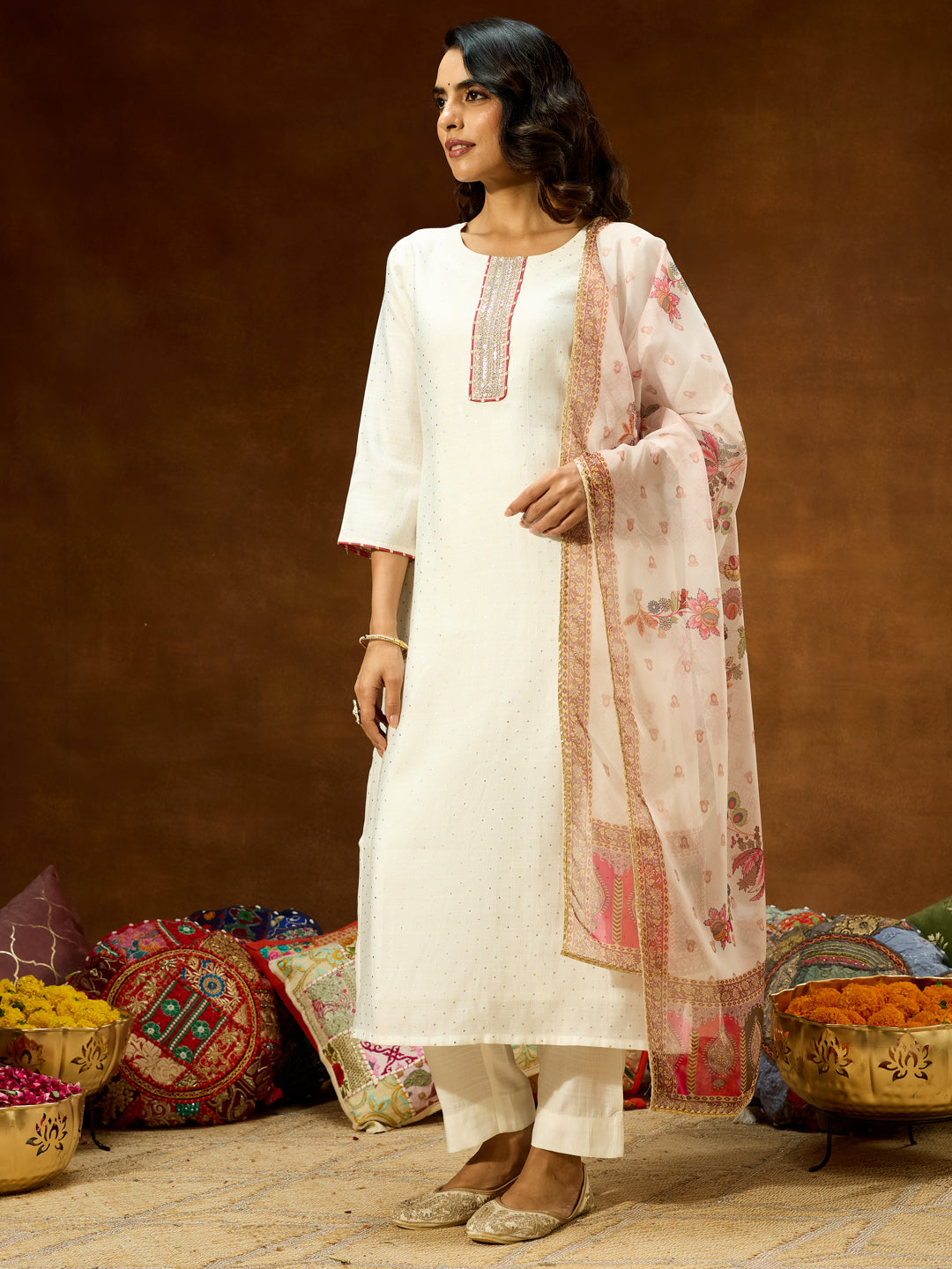 Off White Silk Blend Embellished 3-Piece Kurta Set