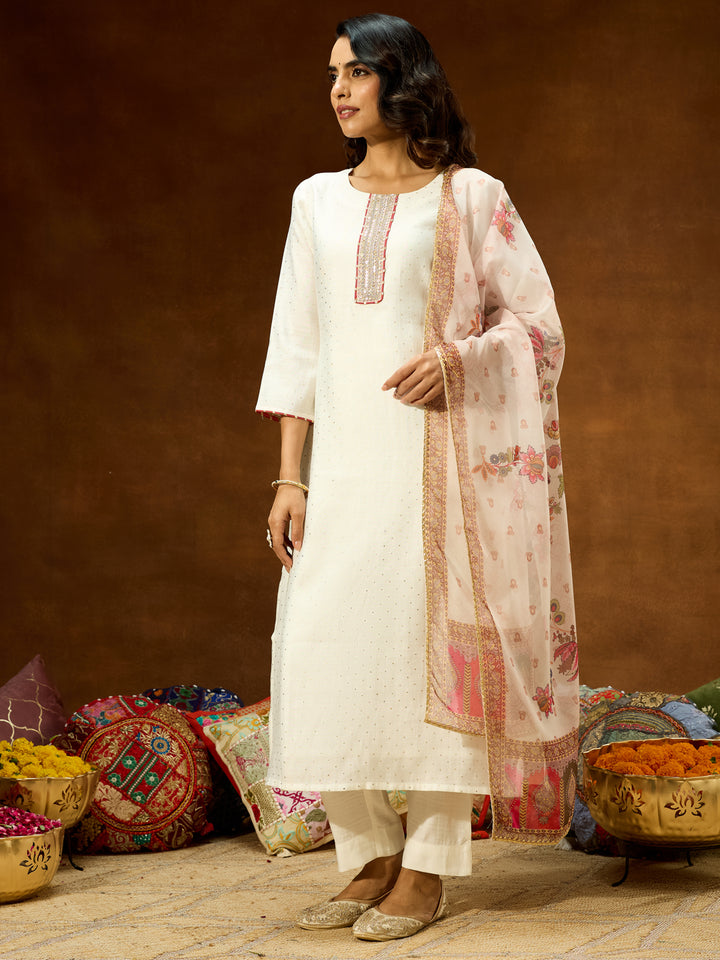 Off White Silk Blend Embellished 3-Piece Kurta Set