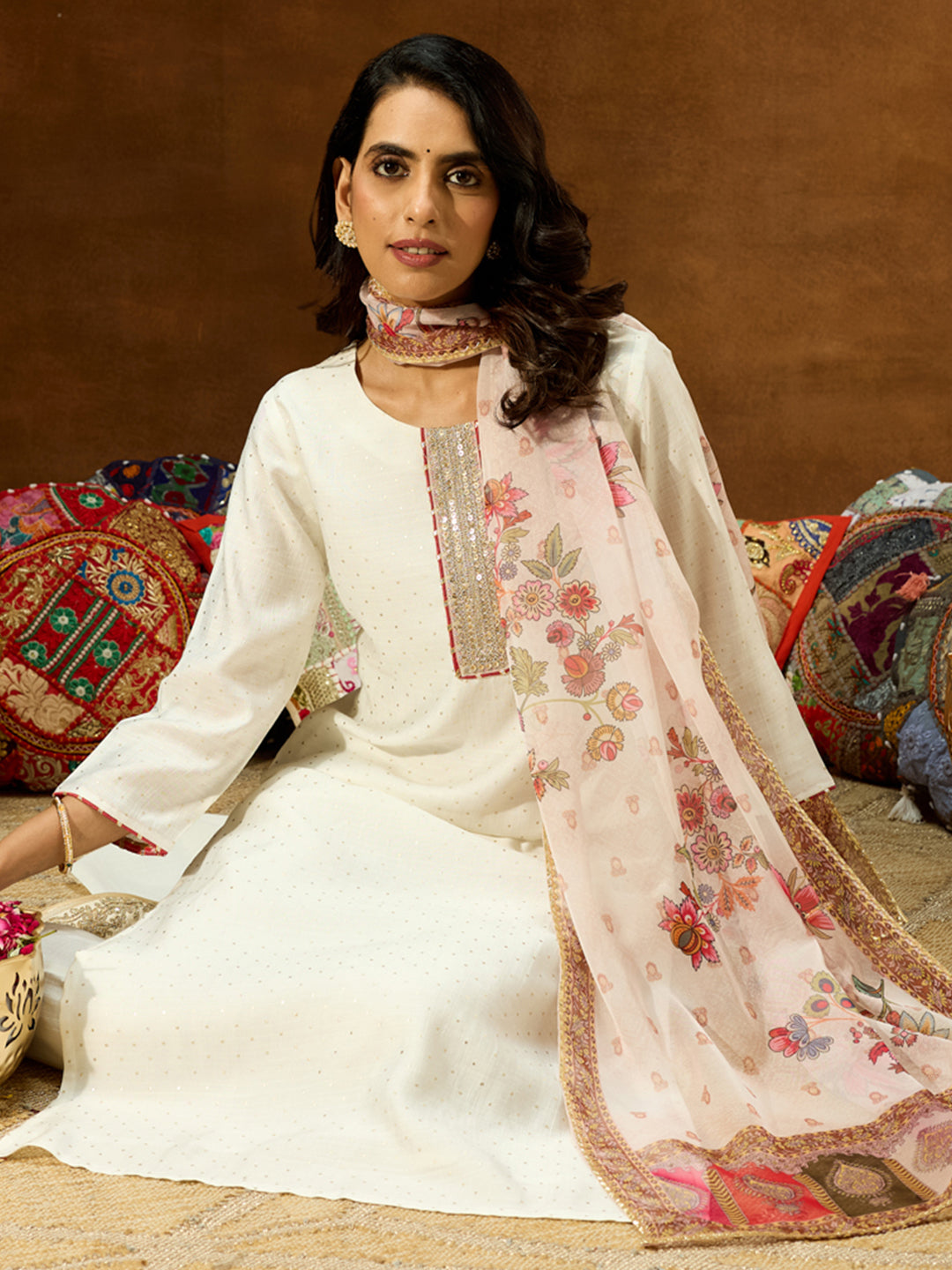 Off White Silk Blend Embellished 3-Piece Kurta Set