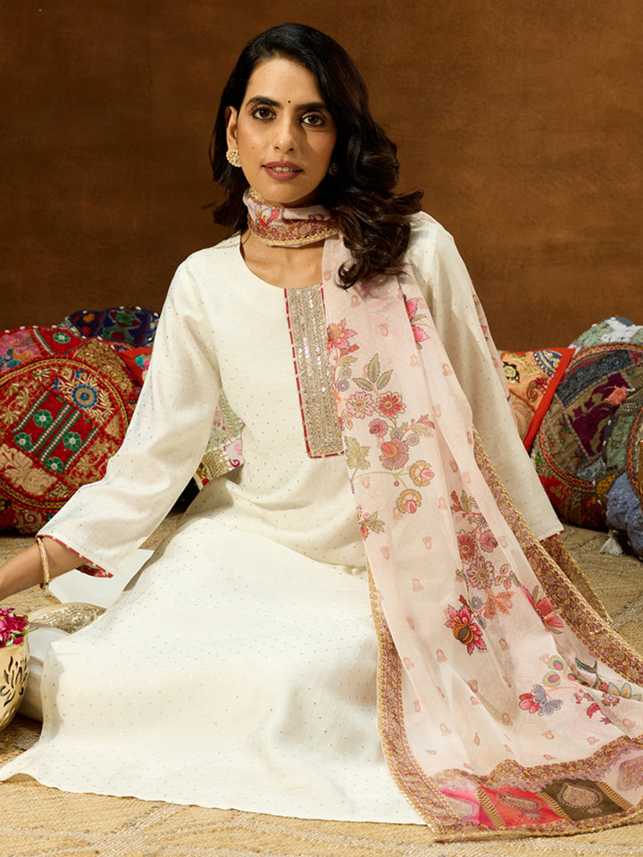 Off White Silk Blend Embellished 3-Piece Kurta Set