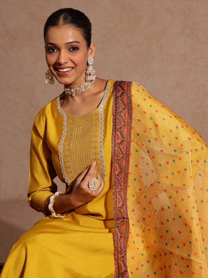 Yellow Chanderi Yoke Embroidered 3-Piece Kurta Set