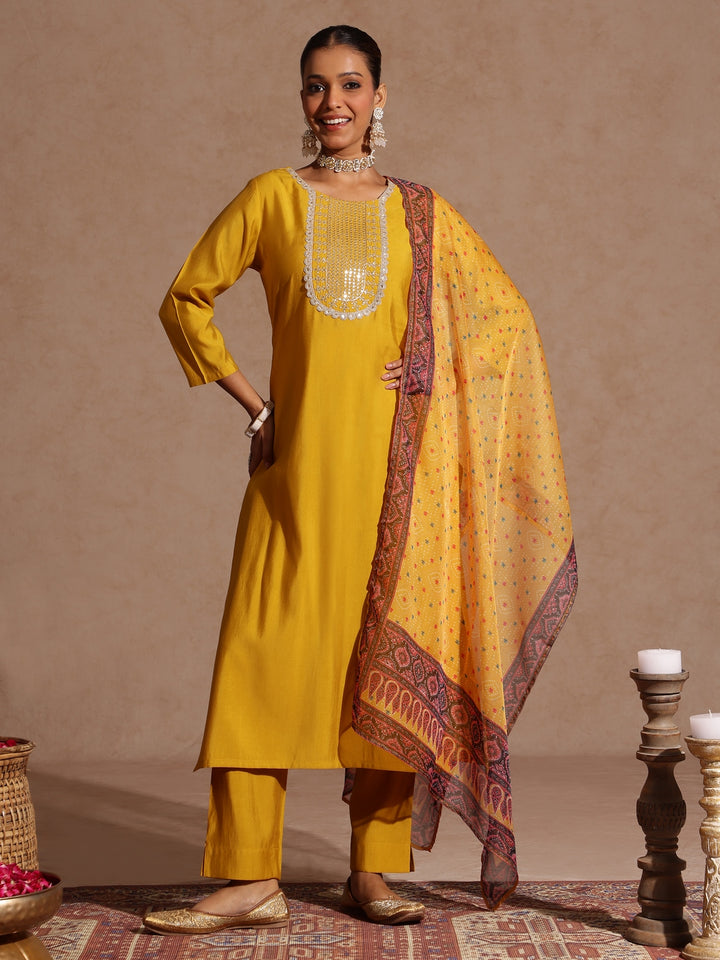 Yellow Chanderi Yoke Embroidered 3-Piece Kurta Set